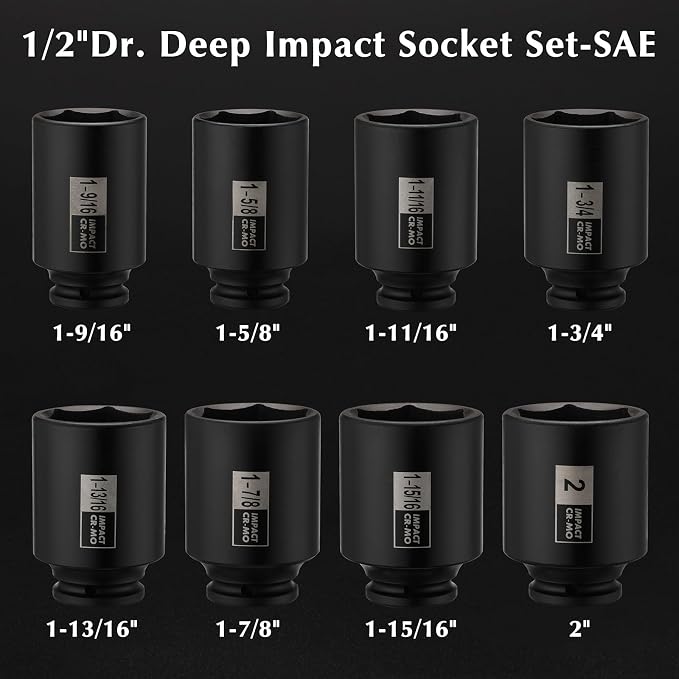 EMENTOL 8PCS 1/2-Inch Drive Spindle Axle Nut Impact Socket Set, CR-MO, 6 Point, SAE, 1/2" Dr. Deep Impact Socket Set, 1-9/16 Inch - 2 Inch