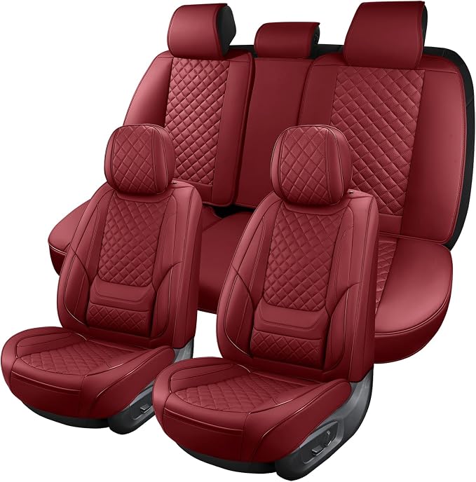 Red Leather Car Seat Covers Full Set Breathable Seat Protectors Waterproof Automotive Seat Covers Universal Fit for Most Cars SUVs Trucks Vehicles