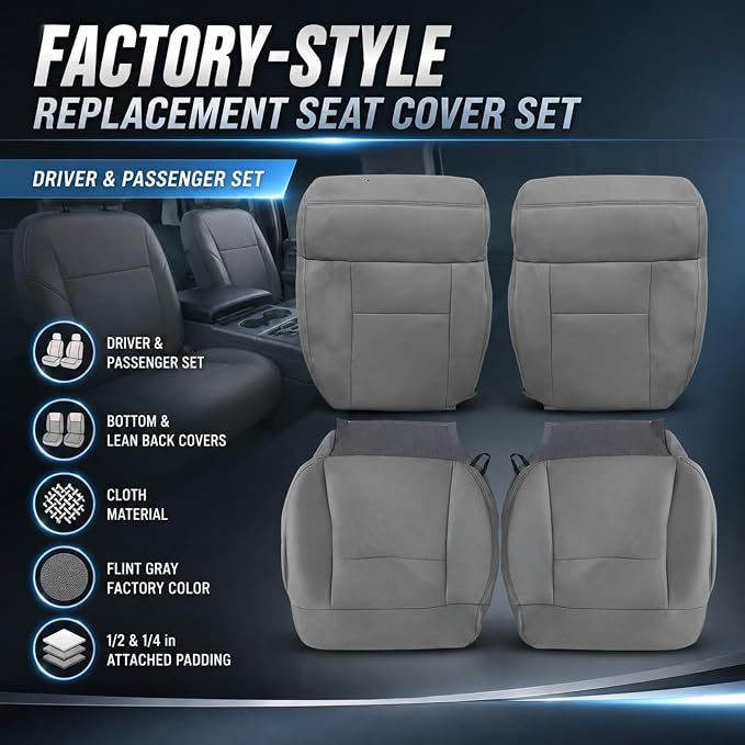 NLQR Front Driver and Passenger Side Bottom and Top Lean Back Replacement Cloth Seat Covers Gray Compatible with Ford F150 XLT 2004 2005 2006 2007 2008