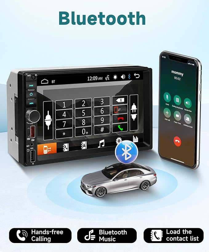 7 Inch Double Din Car Stereo, Touch Screen Bluetooth Car Radio Support Mirrorlink FM Radio EQ Fast Charging, Sellrich 2 Din Head Unit with USB/Type-C/TF Card/Aux Ports Backup Camera+Frame