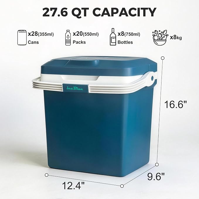 Iceblue Electric Cooler, 26 Liters/28 Cans Mini Fridge with Automatic Locking Handle, 120V AC Home Power Cord & 12V Car Adapter Car Refrigerator, Car Fridge for Home, Car, Gift (Blue)