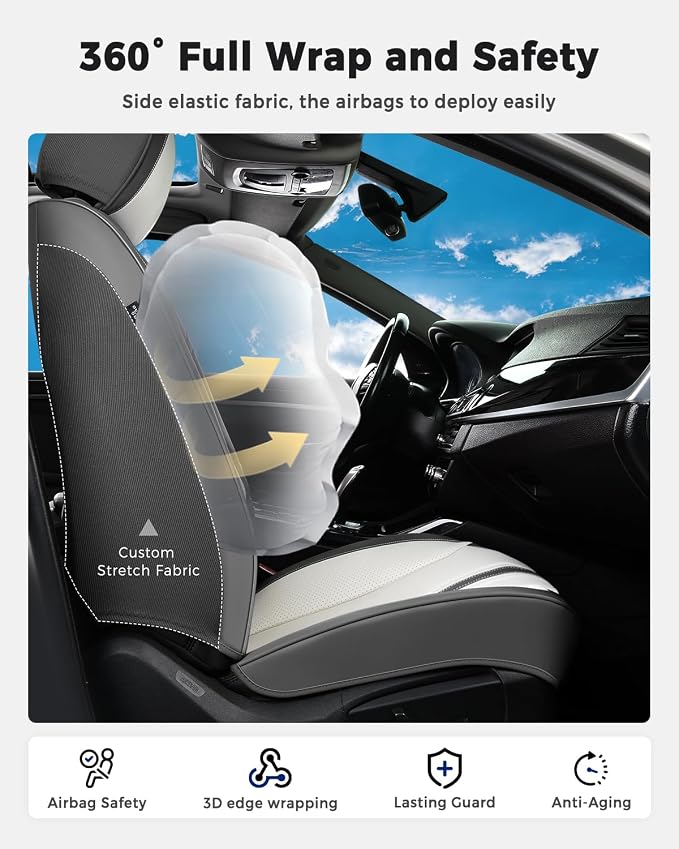 Huidasource Front Car Seat Covers, Luxury Faux Leather Car Seat Covers Front Seats, Compatible with Airbags, Seatbelt Buckles, Cooling＆Heating, Universal Fit for Most Cars Vans Trucks SUVs, Gray＆White
