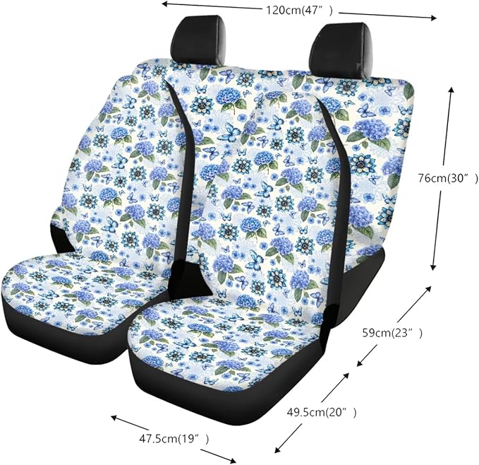 Hydrangea Boho Mandala Butterfly Pattern Car Seat Covers Full Set, 13 Pieces Car Accessories with 1 Steering Wheel Cover, 4 Seat Belt Covers and 4 Waterproof Coasters Universal Fit for SUV