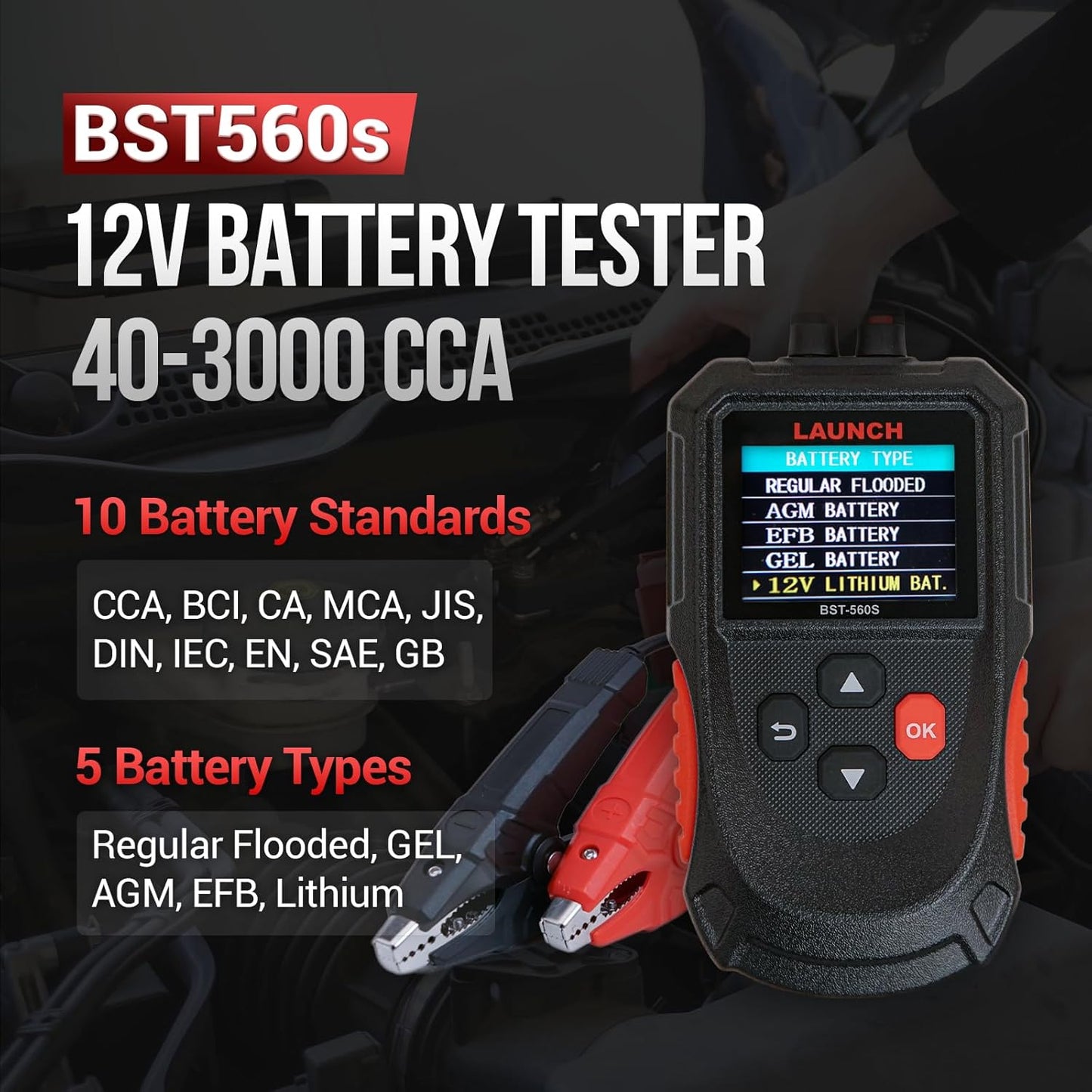 Car Battery Tester, Launch BST-560S 12V Digital Automotive Battery Load & Alternator Tester, Charging Cranking System Analyzer, for Cars Trucks Motorcycles SUVs ATVs RVs Boats