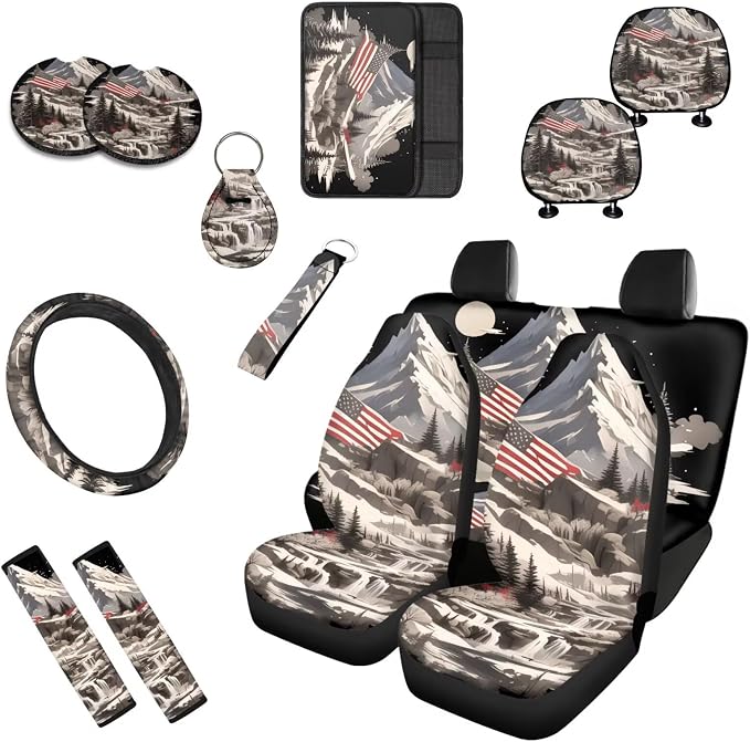 Snow Mountain 13 PCS Car Seat Cover American Flag Set Steering Wheel Cover Cup Coasters Decor July 4th Mountain Landscape Car Seat Accessory Fit for Trucks SUV