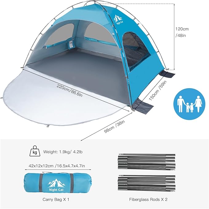 Night Cat Beach Tent Portable Camping Sun Shade Shelter for 2-4 Persons with UV Protection 3 Breathable Mesh Windows Extended Tent Floor Easy Set Up Outdoor