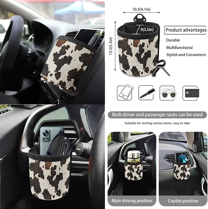 Cow Pattern Car Accessories Set of 15 Car Seat Cover Full Set with Steering Wheel Cover Car Trash Can Coasters Air Vent Storage Bag Seatbelt Cover Rearview Mirror Cover