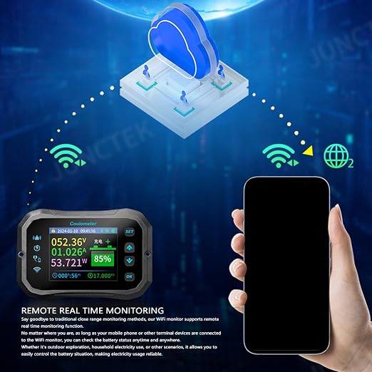 Aramox Battery Monitor with Shunt Coulometer Wi Fi, Voltage Monitor Current Tester for Capacity Indicator 10-100V 0-50A, Global Remote Monitoring, Wide Battery Compatibility