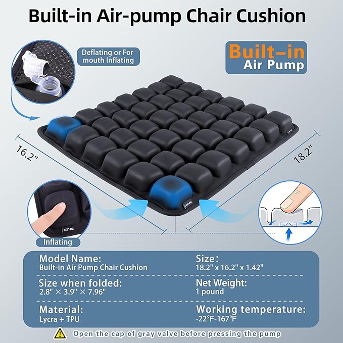 Inflatable Sonndur Travel Seat Cushion, Built-in Air Pump Car Airplane Chair Cushion for Long Flight Driving Sitting, Office Chair Wheelchair, Pressure Sore Relief, for Sciatica,Coccyx & Buttock SC01