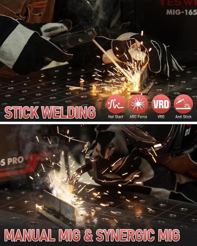 YESWELDER 165A MIG Welder, 110V/220V Dual Voltage, 4 in 1 Gas MIG/Flux Core MIG/Lift TIG/Stick Multiprocess Large LED Digital Display MIG Welding Machine