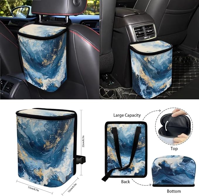 Marble Print Universal Fit Car Seat Cover Set Steering Wheel Covers Seatbelt Strap Pad Trash Cans Air Vent Storage Bag Rearview Mirror Cover Cup Holder Keychain, 15 PCS