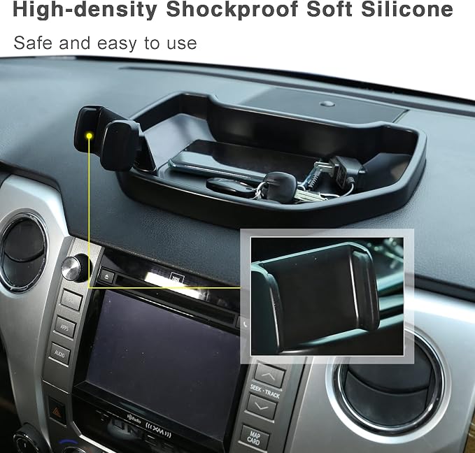 Black ABS Car Center Console Dash Table Storage Tray Fit for Toyota Tundra 2014-2021 Instrument Organizer 360° Rotating Phone Holder Cradle Accessories (with Mobile Phone Holder)