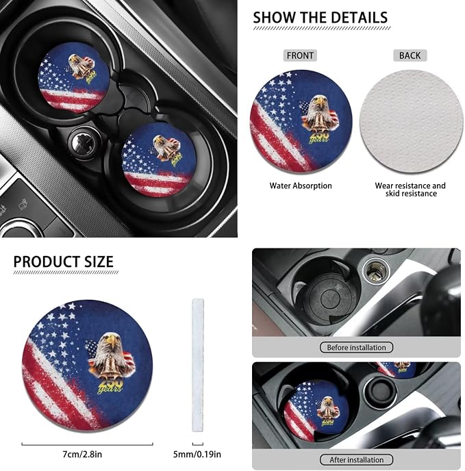 Wanyint Car Seat Covers Set 12 Pieces, Auto Seat Protector Steering Wheel Seat Belt Armrest Pad Handbrake Gear Shift Cover Coasters US 250th Anniversary Car Decor, American Flag Eagle Splash