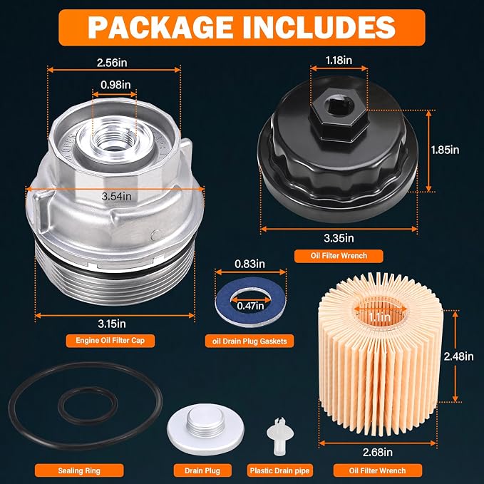 15620-31060 Oil Filter Housing Cap Assembly Kit 04152-YZZA1 15643-31050 | For Toyota Rav4 Tundra 4Runner Camry Highlander Tacoma Lexus RX350 Aluminum Oil Filter with Wrench Drain Plug 1562031060