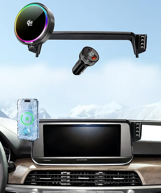 Qi2.2 25W Magnetic Car Mount Charger for 2019 2020 2021 2022 KIA Telluride Accessories, for Fast Charging Cell Phone Holder 10.25 Inch Screen Fixed Clip with Cooling Fan＆54W Fast Adapter