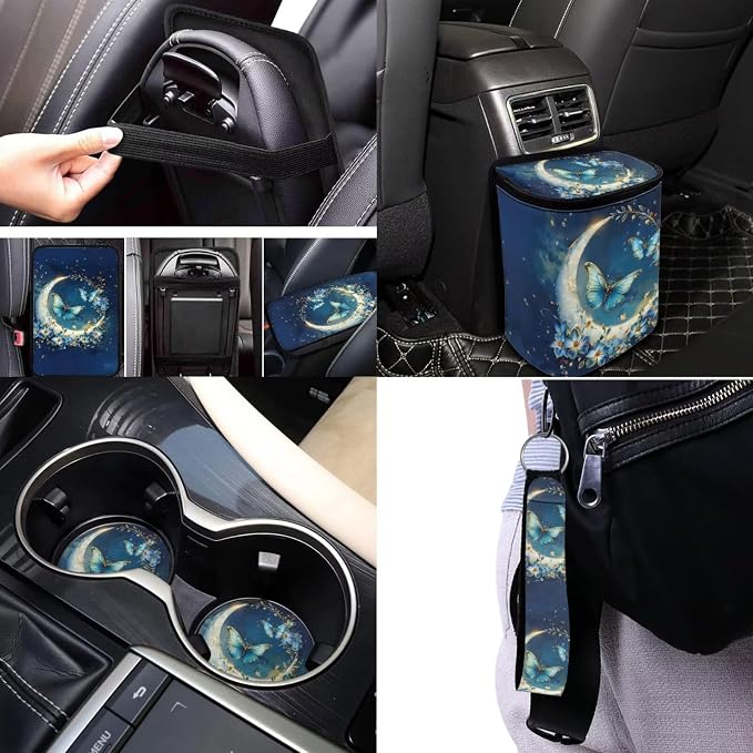 Blue Butterfly Car Accessories Set 17 Pack,Moon Car Seat Covers Full Set with Front and Rear,Headrest Covers,Steering Wheel Covers,Rear View Mirror Cover,Handbrake Sleeve Cover Key Chain