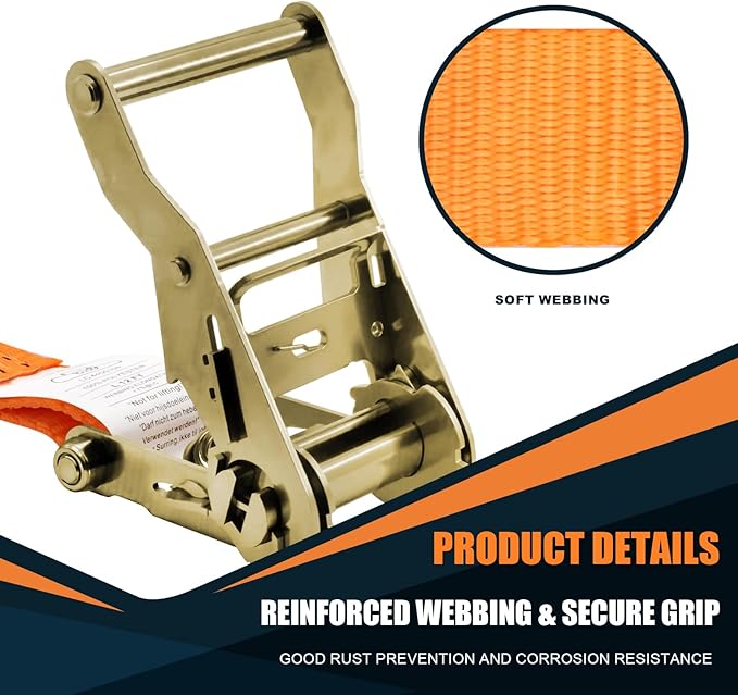 1.5 inch Ratchet Straps Heavy Duty 8 Pack 1-1/2 in x 12ft Cargo Load Tie Down Strap Double J Hook Orange 2200lbs Working Load for Trucks