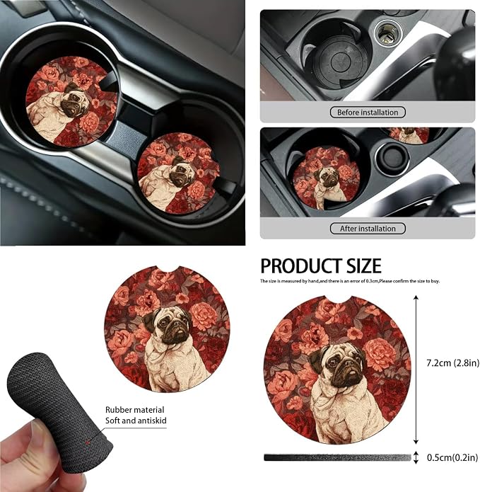 Pug Dog Flower Print Auto Seat Cushion + Steering Wheel Protector + Coaster + Mirror Cover + Seatbelt Pad + Trash Can + Air Vent Storage Poacket + Keychain, Set of 15