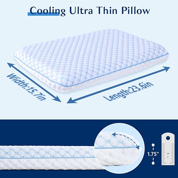 Stomach Sleeping Pillow for Back & Stomach Sleeper, Flat Soft Pillows for Sleeping Thin Memory Foam Pillow for Back Shoulder Neck Pain Relief - Cooling Ultra Thin Pillows for Sleepers 1.75-Inches