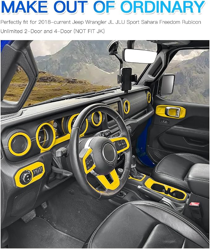 Barong for Jeep Wrangler JL JLU Gladiator JT 2018-2023 Accessories Interior Decoration Steering Wheel Gear Cup Holder Door Panel AC Air Vent Reading Light Cover 23PCS Full Set (Yellow)