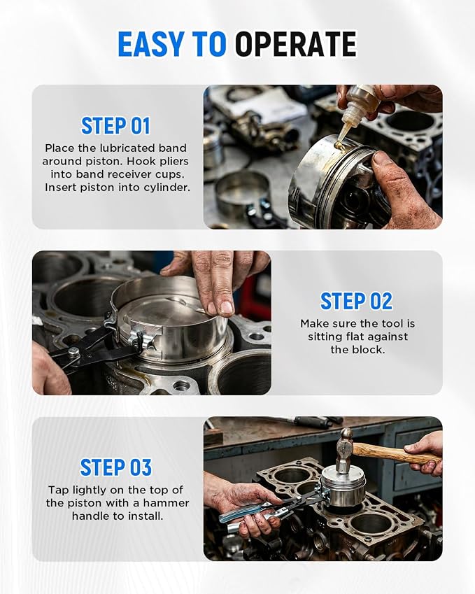 Piston Ring Compressor Tool, Thickened Adjustable 6 Piston Rings (2-7/8" - 4-5/8") and Pliers - Piston Ring Tool for Car, Truck & Motorcycle Installation, with Storage Box, Natural Metal