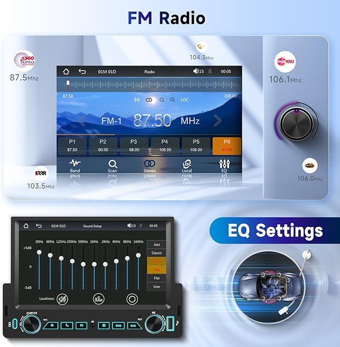7'' Single Din Car Stereo with Wireless Carplay Android Auto, Single Din Touchscreen Car Radio with Handsfree Bluetooth 5.2 Mirror Link FM EQ SWC, Type-C, USB Port, Backup Camera