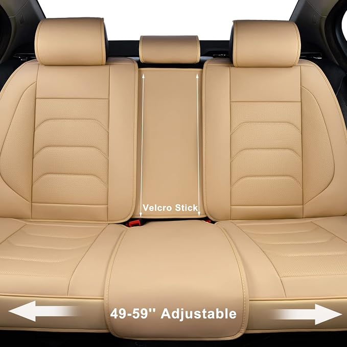 TIEHESYT Beige Car Seat Covers Full Set, Breathable Leather Automotive Front and Rear Seat Covers & Headrest for Comfortable Driving, Compatible with Most Cars Sedans SUV Pickup Trucks