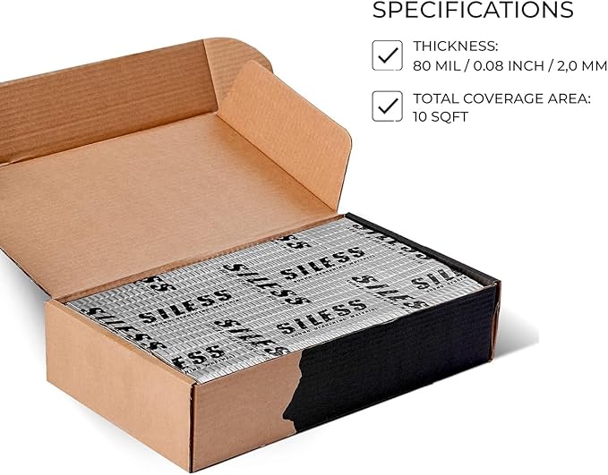 Siless 80 mil (2mm) Car Sound Deadening mat - Butyl Automotive Sound Deadener - Noise Insulation and Vibration Dampening Material 10 sqft (0.95 sqm)