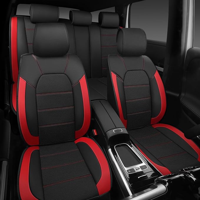 CAR PASS 5 Seats Leather Car Seat Covers, Sideless Car Seat Protectors with Storage Pocket, Water Resistance Seat Cover, Universal Fit Most Cars, SUVs, Trucks and Vans (Full Set,Black and Red)