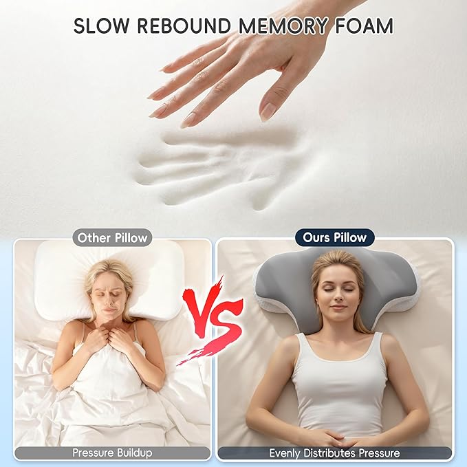 Cervical Pillow for Neck and Shoulder Support, Contour Memory Foam Pillow for Pain Relief, 2 Heights Cooling Ergonomic Orthopedic Pillow for Side Back Stomach Sleepers Grey