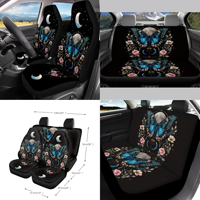Butterfly Rose Moon Flower Pattern Car Accessories Set of 15, Full Set Seats Covers, Auto Streering Wheel Cover Trash Bin, Seat Belt Cover Keychain Coasters Air Vent Storage Bag