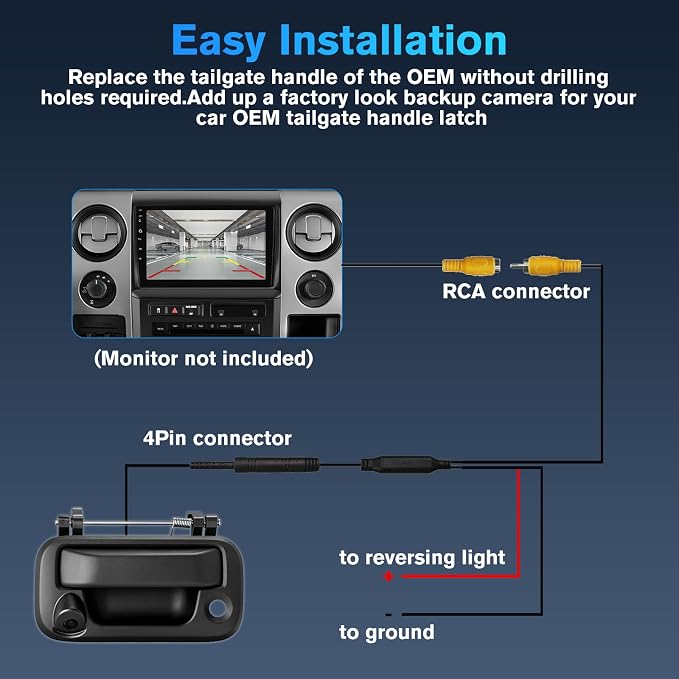 Junsun IP67 Waterproof Tailgate Handle Backup Camera, 1080P HD Reverse Rear View Camera for 2004-2014 Ford F150, 2008-2016 F-250/F-350/F450/F550 Pickup, w/RCA Connector & Key Hole, Wide Angle Lens