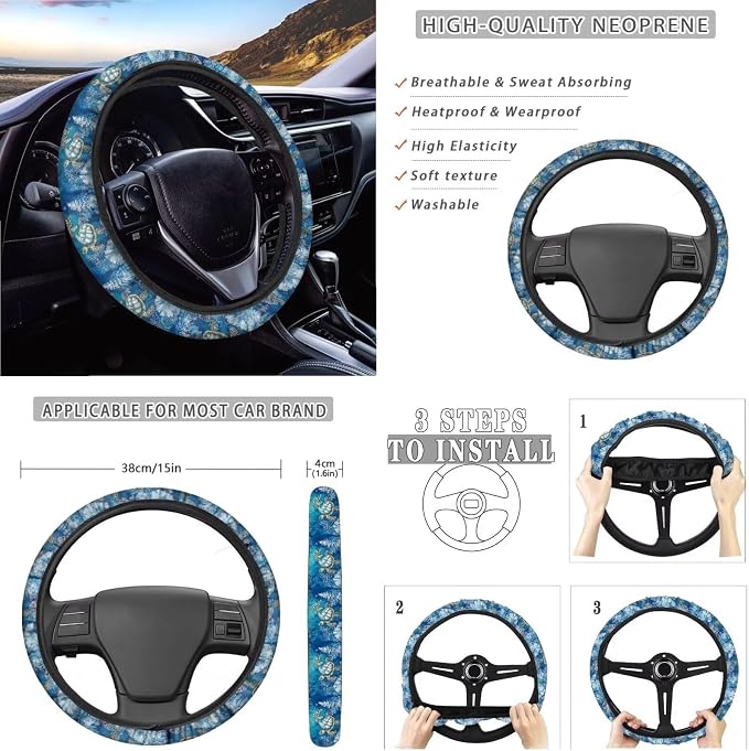 Suobstales Turtle Water Plants Print Car Accessories Car Seat Covers Full Set Interior Cover Seat Protectors with Steering Wheel Cover, Seat Belt Pads, Coaster, Keychains