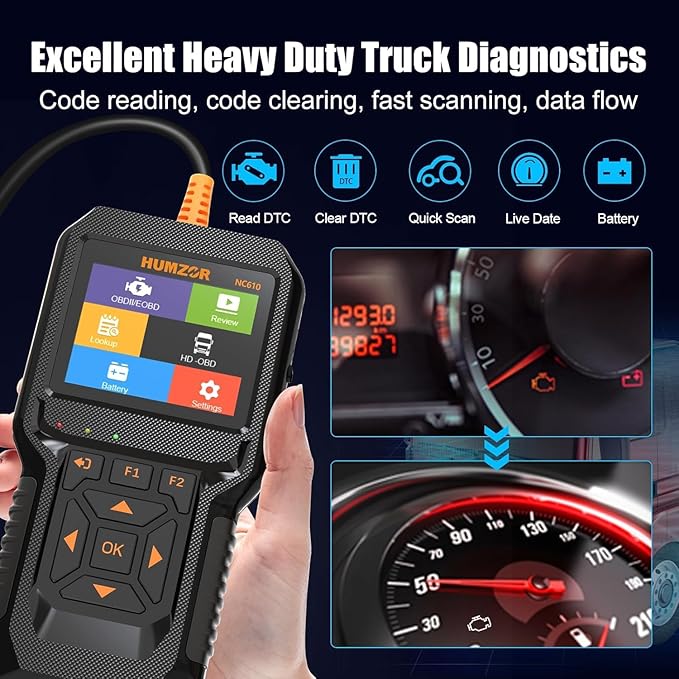 Heavy Duty Truck Scanner, NC610 Diesel Diagnostic Scan Tool for Cummins, Detroit, Freightliner, International, Paccar, 2 in 1 Truck & Car Engine Code Reader/OBD2 Scanner (NC610)