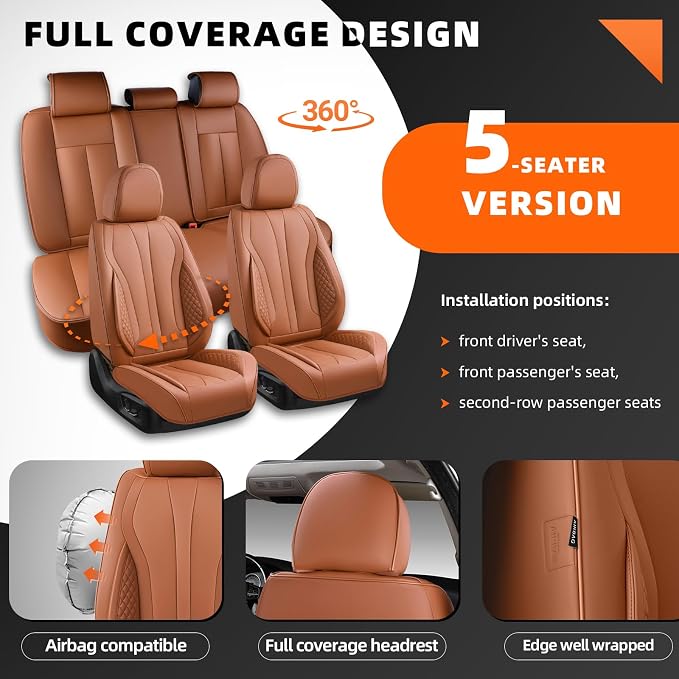 5-Seater Car Seat Covers Full Set, Fit for Front and Rear Seats of Cars, Waterproof and Breathable Nappa Leather, Compatible with Airbags, Car Seat Protector Covers for Most Cars - Brown