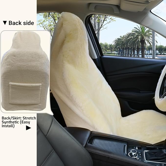 Aegis Cover Sheepskin Car Seat Cover Genuine Australian Merino Wool Front Seat Cover Luxury Dense Pelt Universal Fit for Most SUVs, Trucks, Bucket-Style, 54 X 22 Inches (Cream)