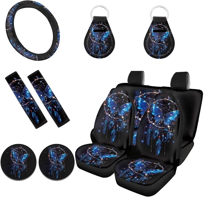Biyejit 11 Pcs Car Accessories with Front & Rear Auto Seats Covers, Steering Wheel Cover, Seat Belt Pads, Cup Coaster, 2 Pcs Keyrings - Universal Fit, Dreamcatcher Butterfly
