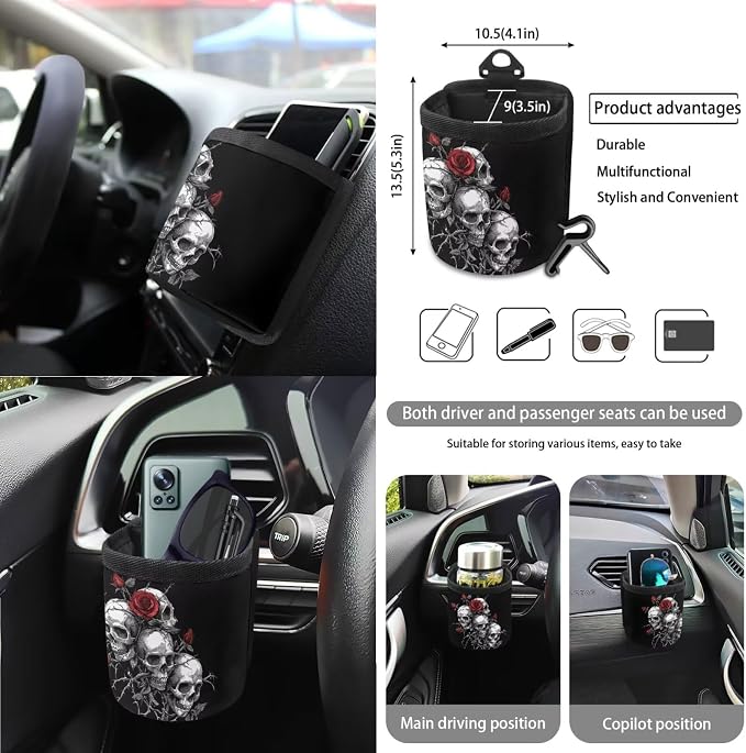 Skull Rose Pattern Car Accessories Set of 15, Full Set Seat Covers with Car Steering Wheel Cover Seatbelt Strap Shoulder Pad Coasters Trash Can Air Vent Storage Bag