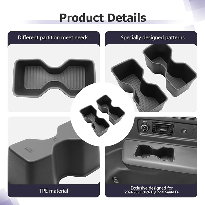 LUWU 2025 2026 Santa Fe Rear Third Row Cup Holder Compatible with Santa Fe 2024 2025 2026 Interior Accessories Premium TPE Center Console Cup Holder Spill-Proof, Easy Install & Clean, 2-Pack