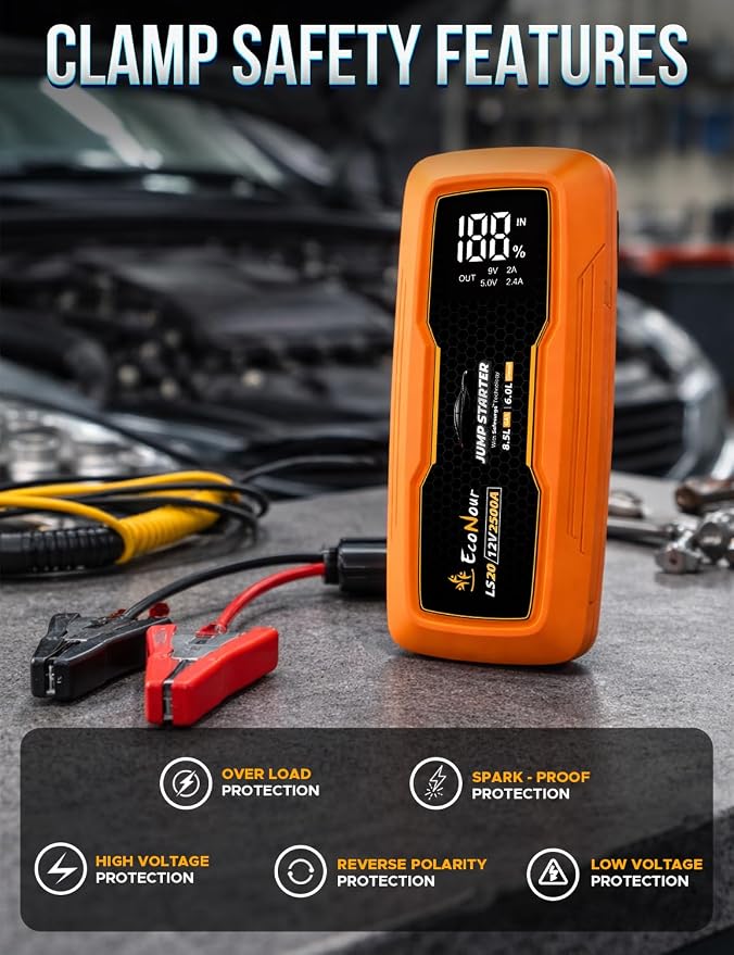 EcoNour 2500A Portable Car Jump Starter – 12V Battery Booster Pack Up to 8.5L Gas & 6L Diesel Engines – Heavy-Duty Jump Box with Smart Jumper Cables, USB Charger, LED Flashlight – for Cars,SUVs,Trucks