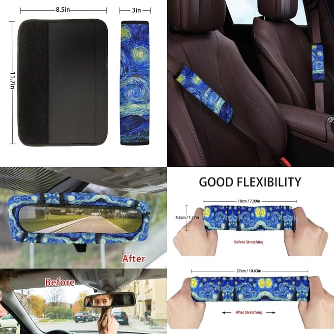 Suobstales Starry Night Print Car Accessories Car Seats Cover Protector, Steering Wheel Covers, Seatbelt Cover, Car Trash Can, Cup Coasters, Rearview Mirror Cover, Keychains, Pack of 13