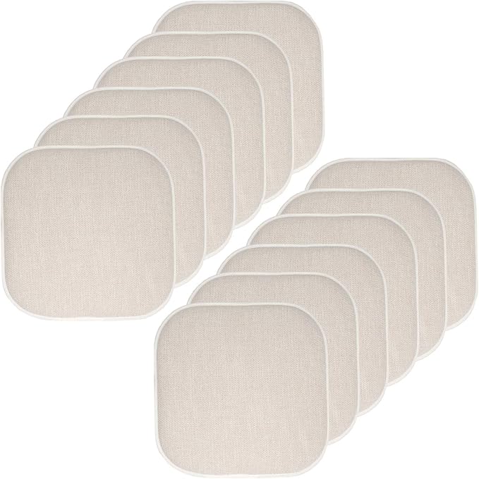 Sweet Home Collection Chair Cushion Memory Foam Pads Honeycomb Pattern Slip Non Skid Rubber Back Rounded Square 16" x 16" Seat Cover, 12 Pack, Alexis Linen/Beige