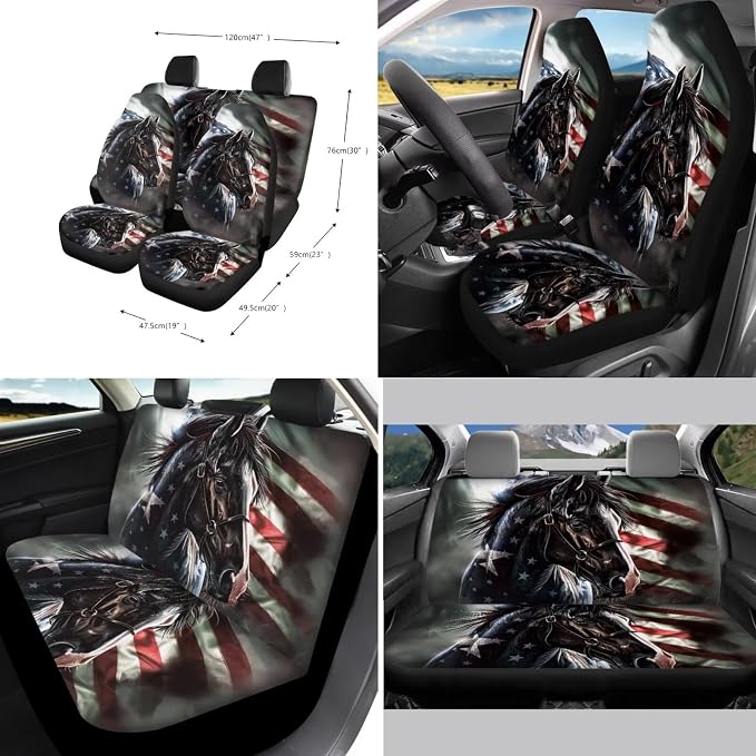 Suobstales Horse American Flag Print Car Accessories for Women Seat Covers Set with Universal Steering Wheel Cover Seatbelt Pads, Cup Holder Coasters, Keychain Fits SUV Trunk Sedan