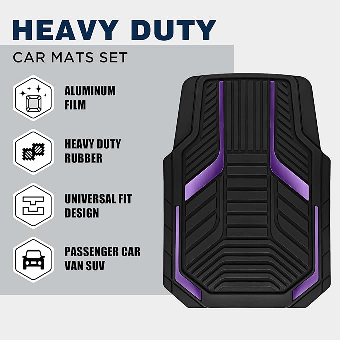 PIC AUTO Heavy Duty Rubber Floor Mats, Purple Aluminum Film Car Mats Set, Front and Rear Car Mats with Anti-Slip Backing, All Weather Protection, Trim-to-Fit for Automotive SUV, Sedan, Van