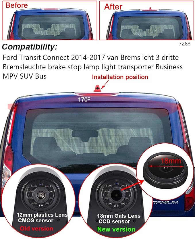 Caros HD 1280x720 Pixels 1000 TV Line 3rd Brake Light Reversing Camera Brake lamp Parking Camera Replacement for Ford Transit Connect 2014-2017 Transporter Business MPV SUV Bus +4.3'' Reverse Monitor