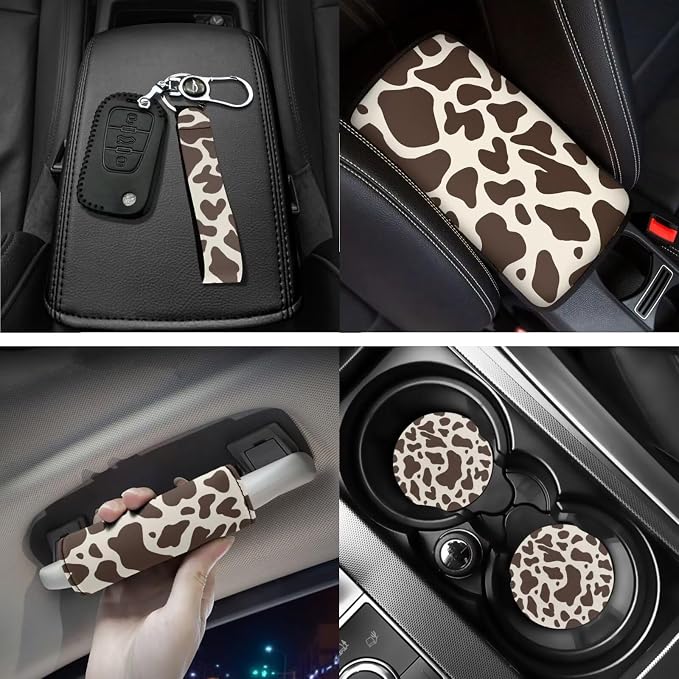 Brown Cow Print Car Seat Covers Car Floor Mats Steering Wheel Cover Armrest Pad Covers Seat Belt Pads Handle Wraps Cup Coaster Keychain Automotive Interior Accessories 18 Pcs Set