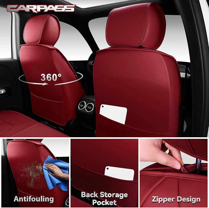 CAR PASS Burgundy Red Luxury Nappa Leather Seat Covers Front, 2 piece | 3D Rhombus Waterproof Leather Front Seat Covers, Universal Automotive Seat Cushion Fit for Sedan SUV Truck, Airbag Compatible