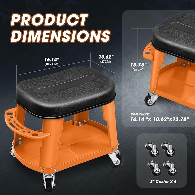 DNA Motoring Removable Rolling Garage Stool with Seat Cushion & Tool Tray Plate, 300lbs Max Weight Capacity, Orange, TOOLS-00479-OG