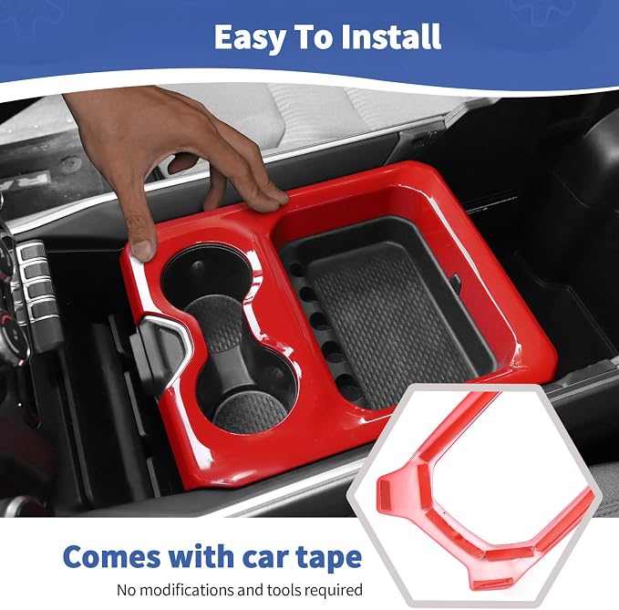 RT-TCZ for RAM Center Console Cup Holder Trim Cover Red for Dodge RAM 2018 2019 2020 2021 2022 2023 Red Interior Accessories