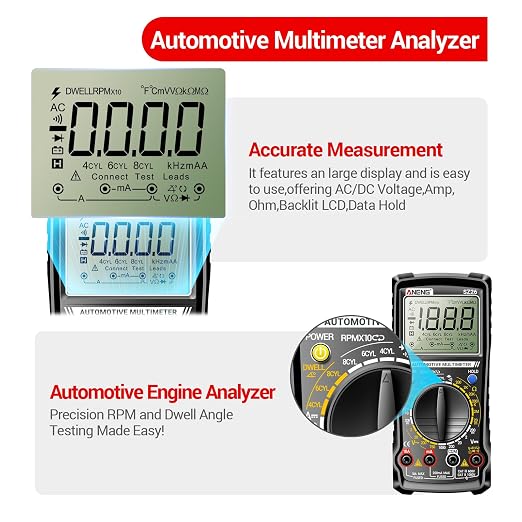ANENG SZ26 Multimeter,Digital Automotive Engine Analyzer with 500-10000RPM Tach,Dwell Angle,Duty Cycle,DC Current,AC/DC Voltage,Amp,Ohm,Large LCD,Data Hold,Versatile Tester for Car Diagnostics